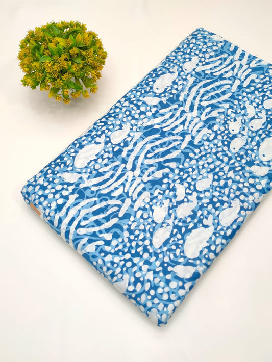 Blue abstract screen print cotton fabric India