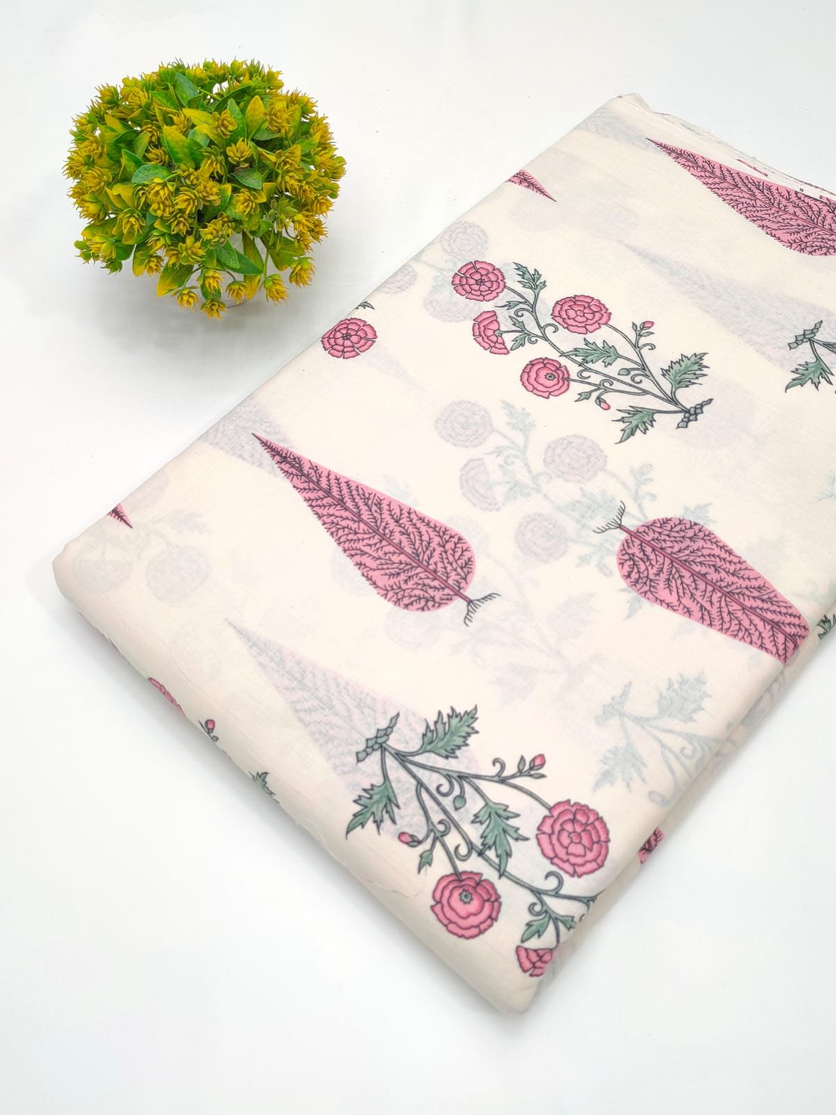 White floral screen printed cotton fabric India
