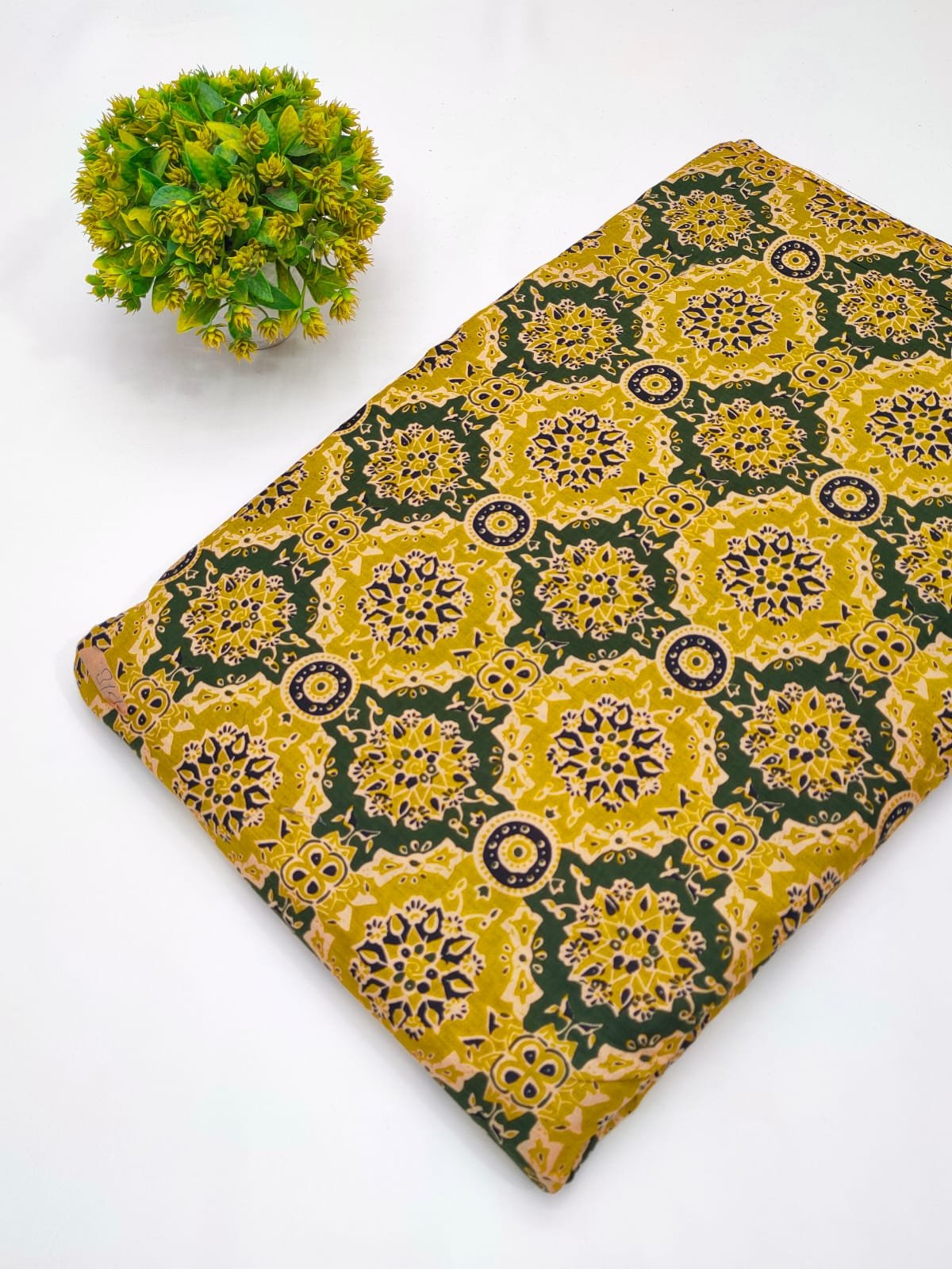 Yellow geometric screen print cotton fabric Jaipur