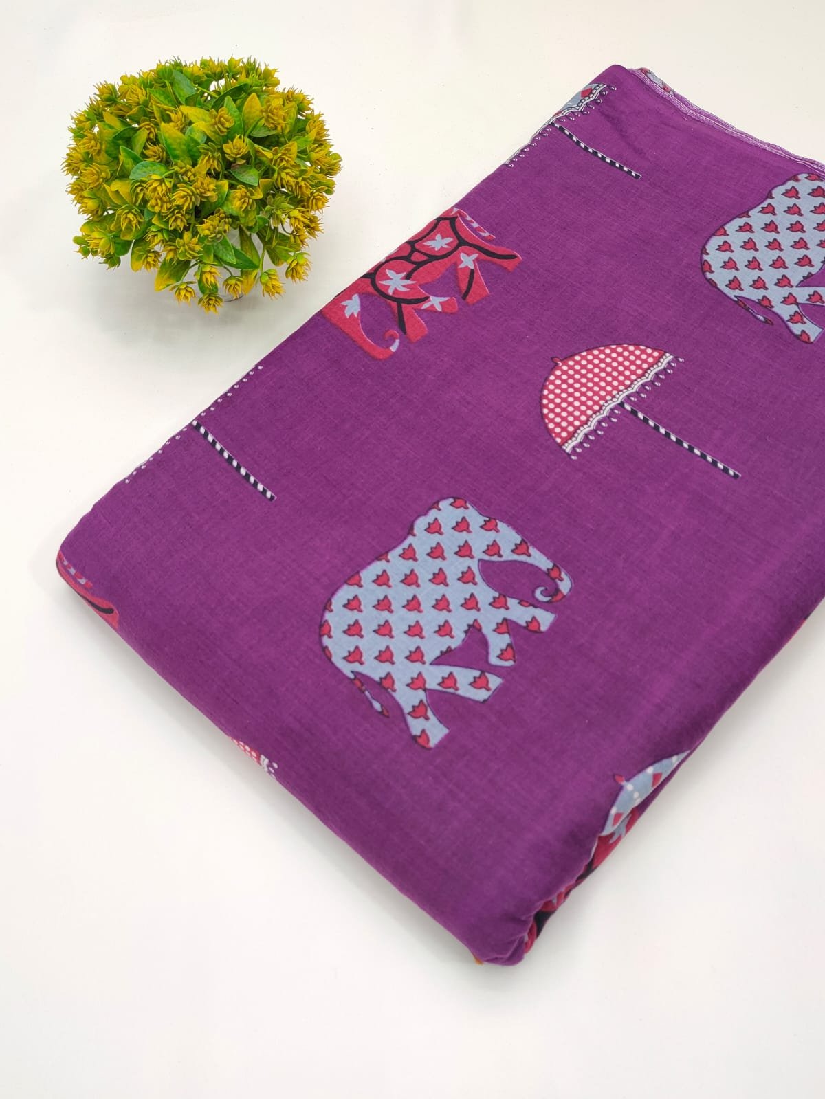 Purple elephant motif screen print cotton fabric