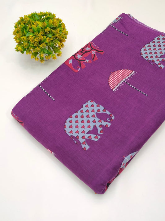 Purple elephant motif screen print cotton fabric