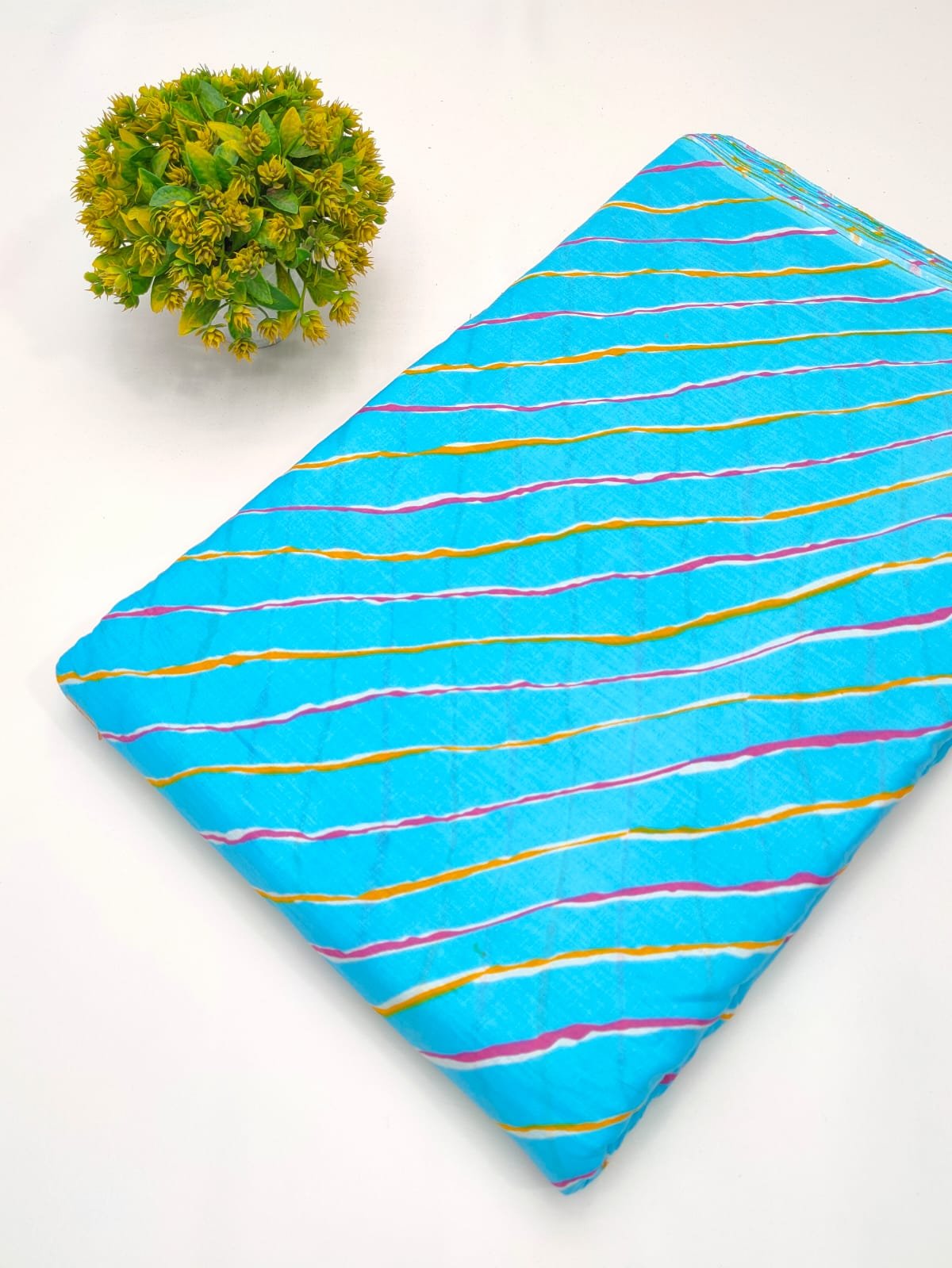 Blue striped screen printed cotton fabric India