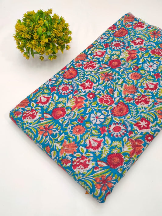 Blue multicolour floral Sanganeri print fabric cotton