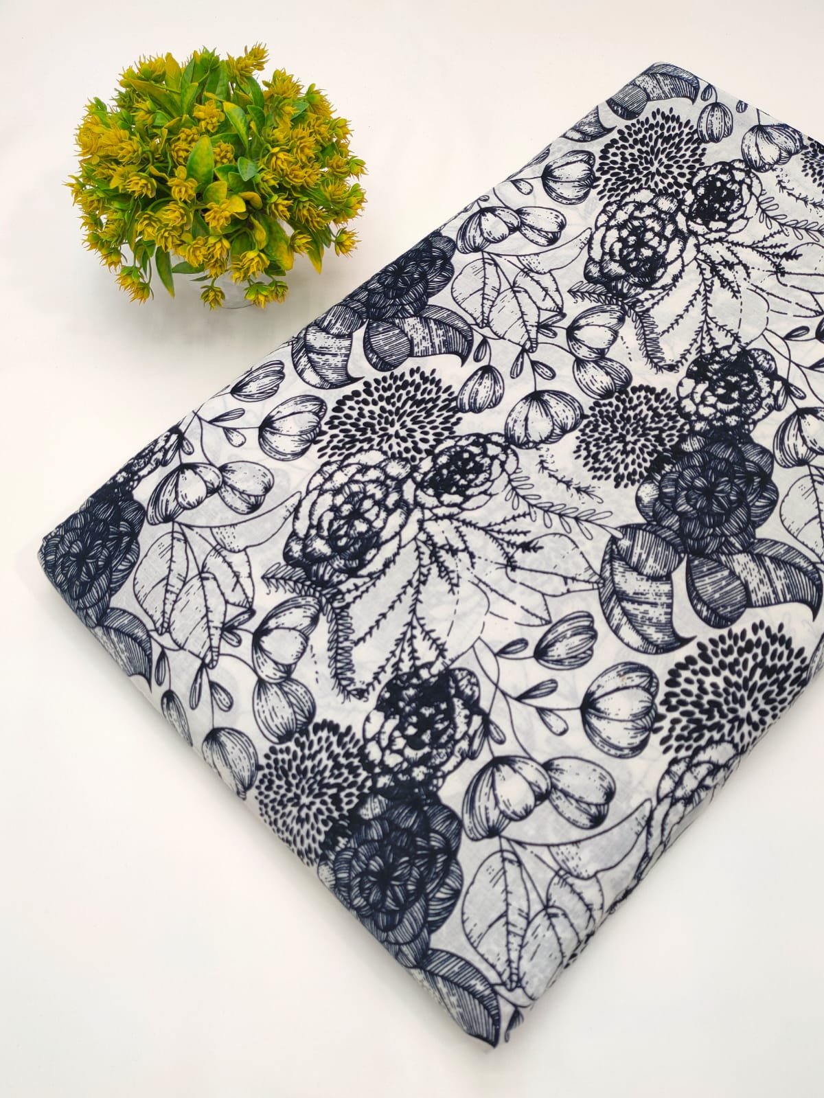 Black and white floral Sanganeri cotton fabric Jaipur