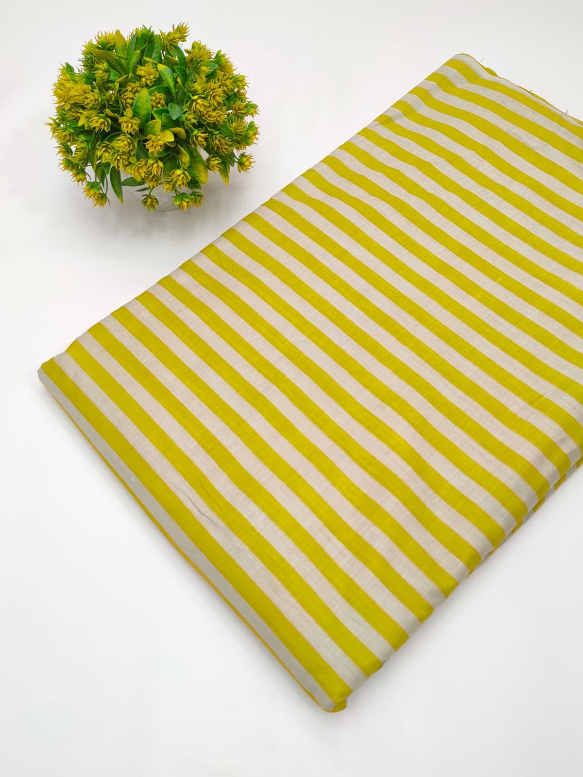Yellow striped screen print cotton fabric India