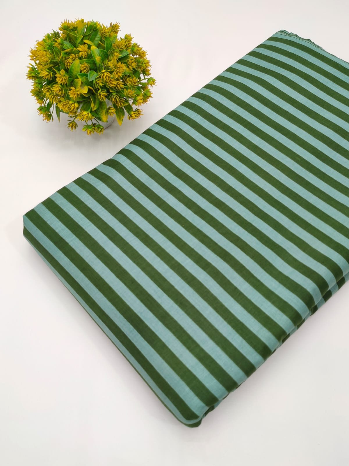 Green striped screen printed cotton fabric Jaipur