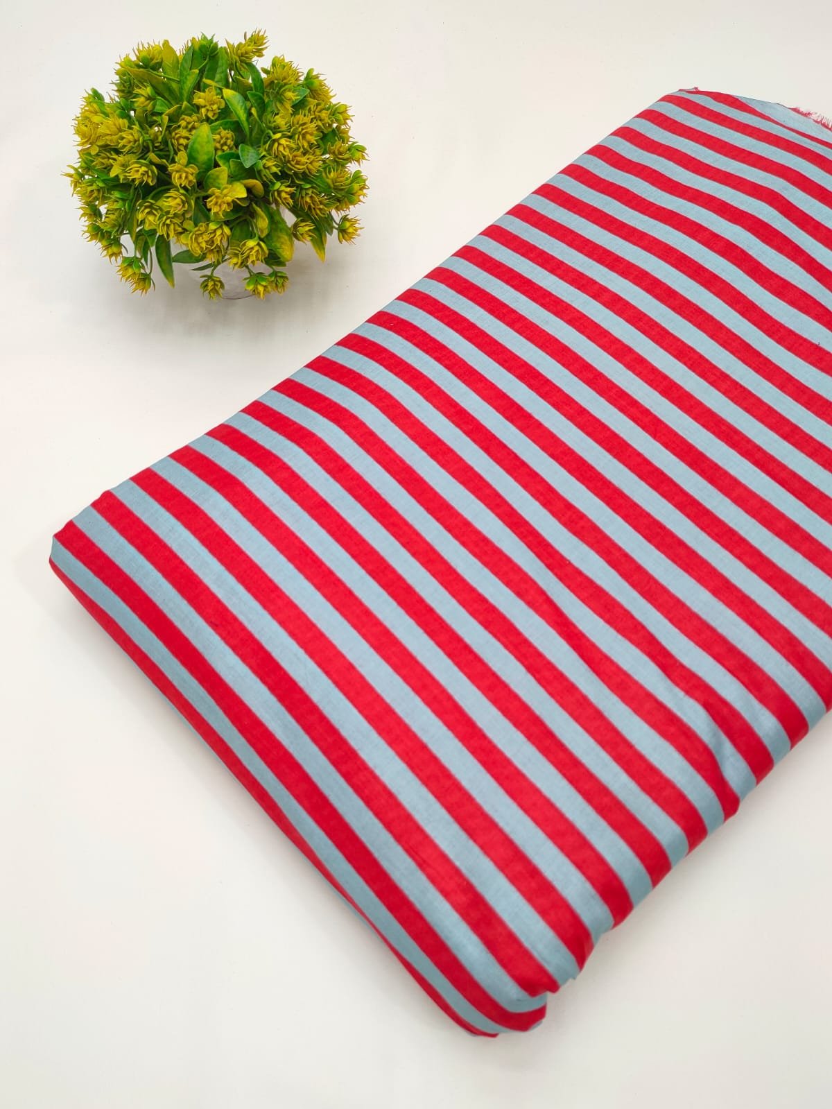Red striped screen printed cotton dress material