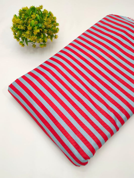 Red striped screen printed cotton dress material
