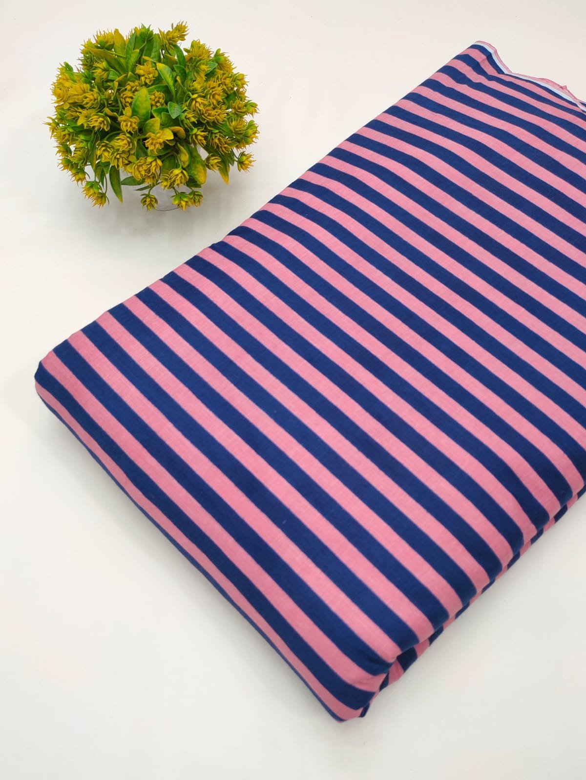 Pink and blue striped screen print cotton fabric