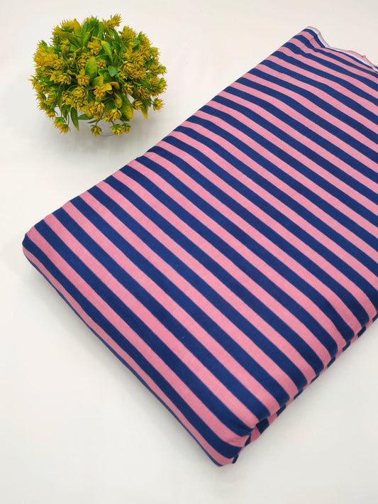 Pink and blue striped screen print cotton fabric
