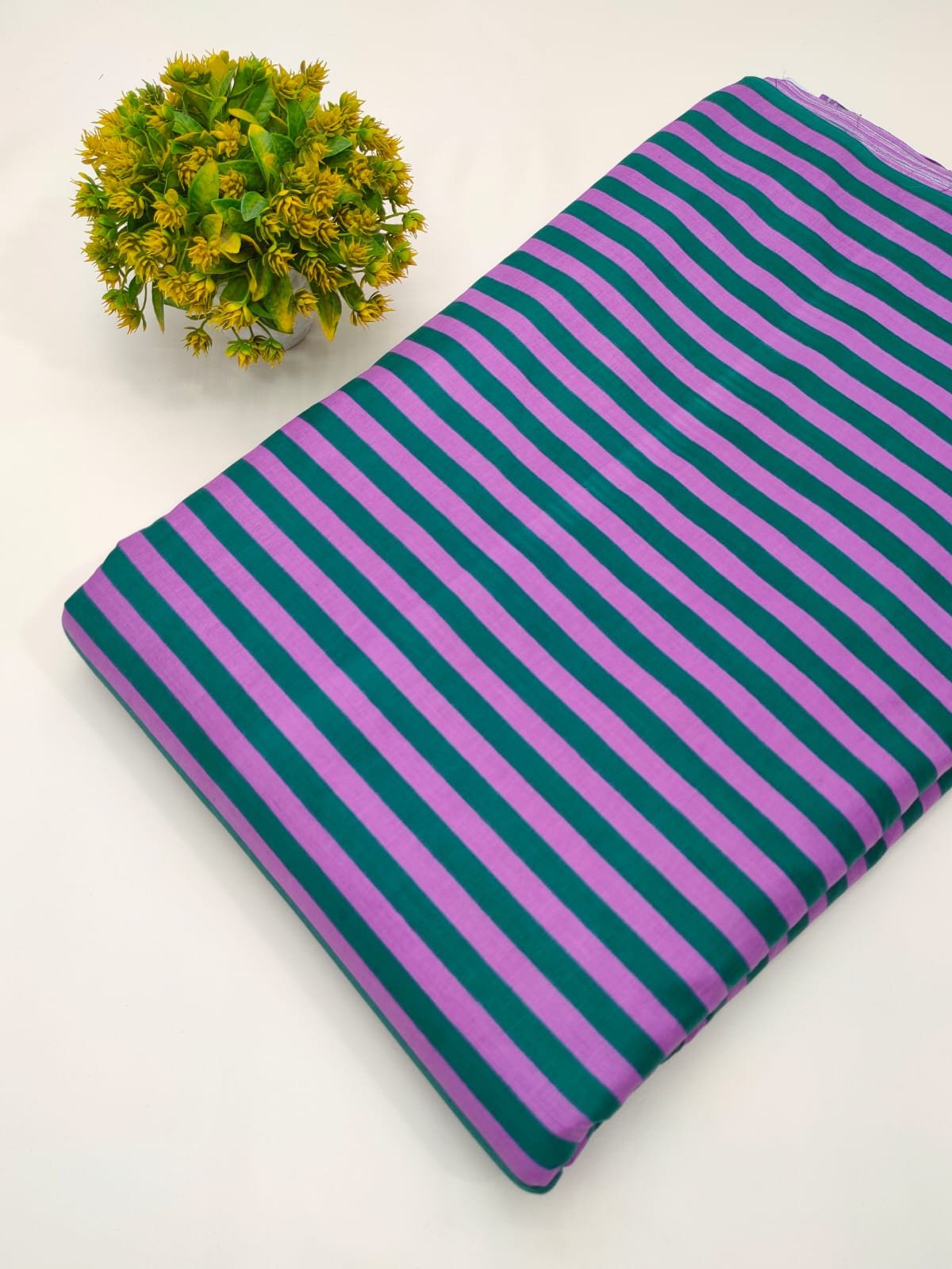 Green and purple striped screen print cotton fabric