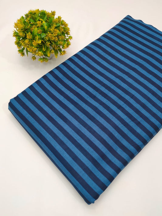 Blue striped screen print pure cotton fabric India