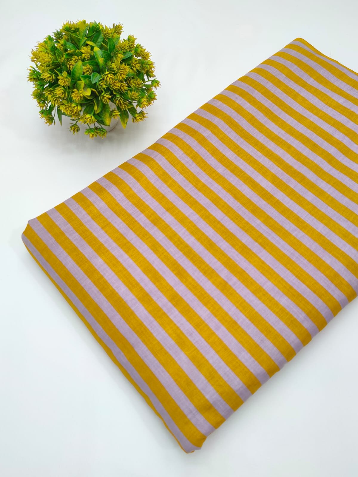 Mustard and pink striped cotton screen print fabric