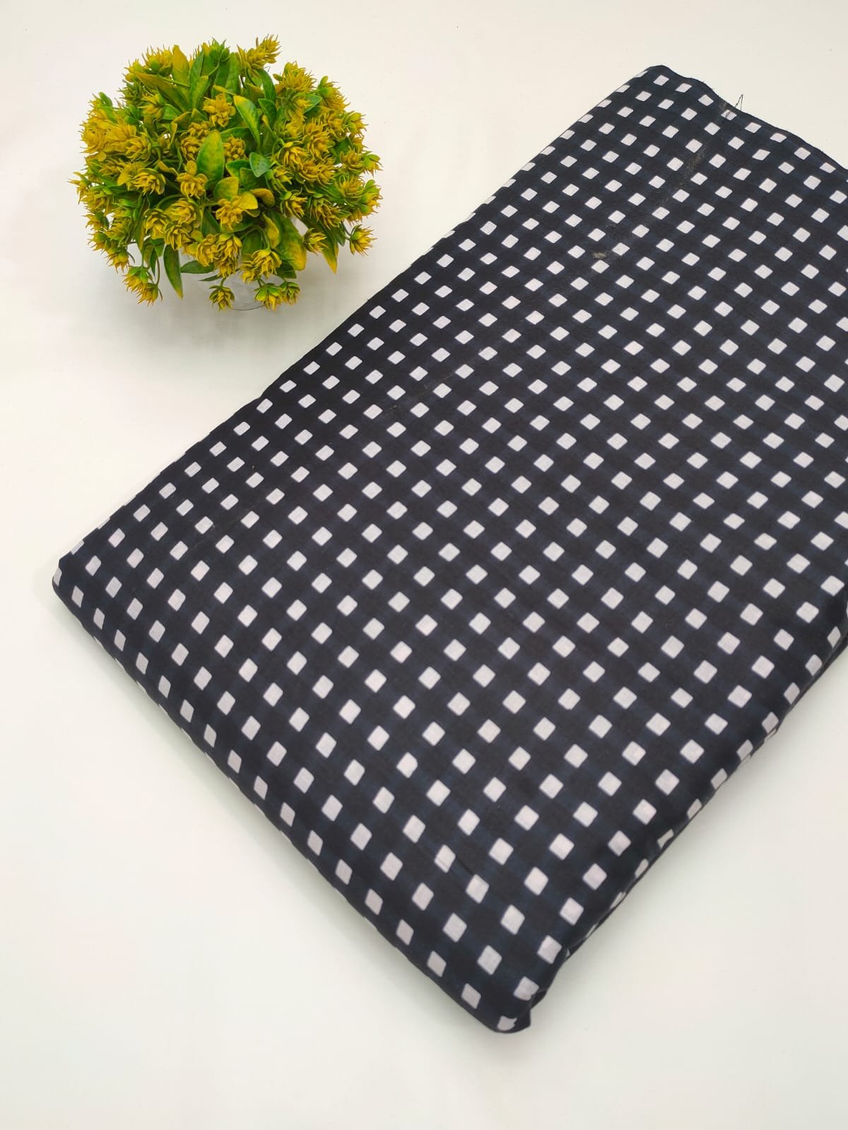 Black gingham screen printed cotton fabric Jaipur