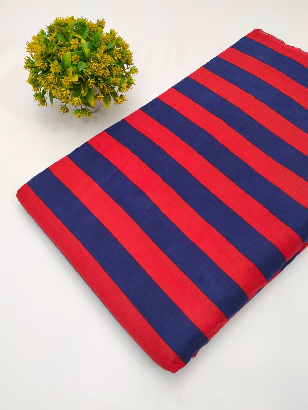 Red blue striped cotton screen printed fabric