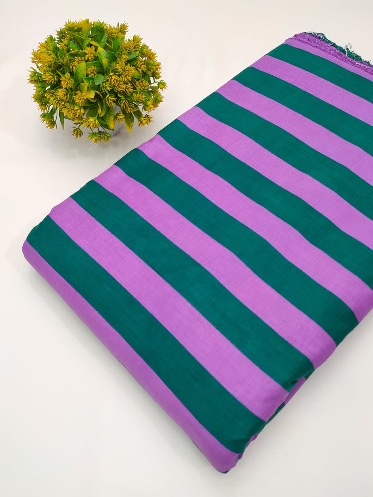 Purple green striped screen print cotton fabric