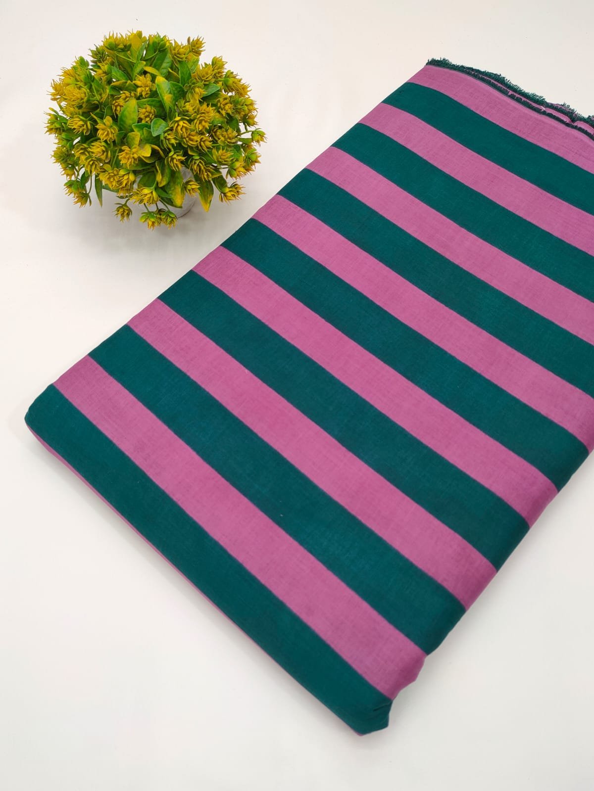 Pink and green striped cotton fabric India