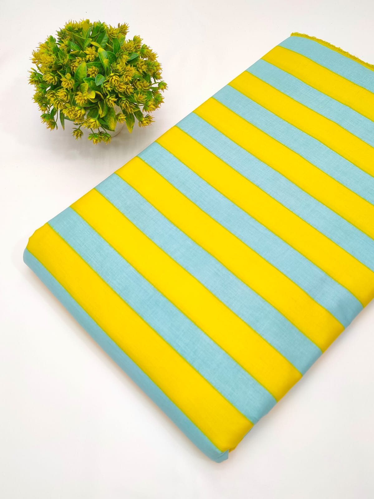 Yellow blue striped cotton fabric screen print