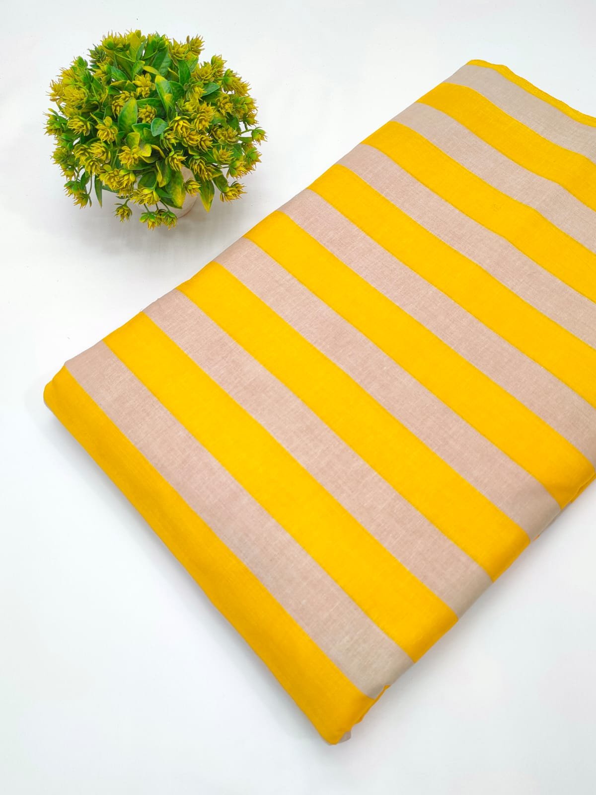 Yellow beige striped cotton fabric screen print