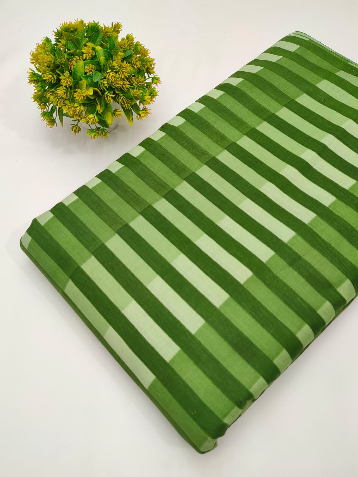 Green striped screen printed cotton fabric Jaipur