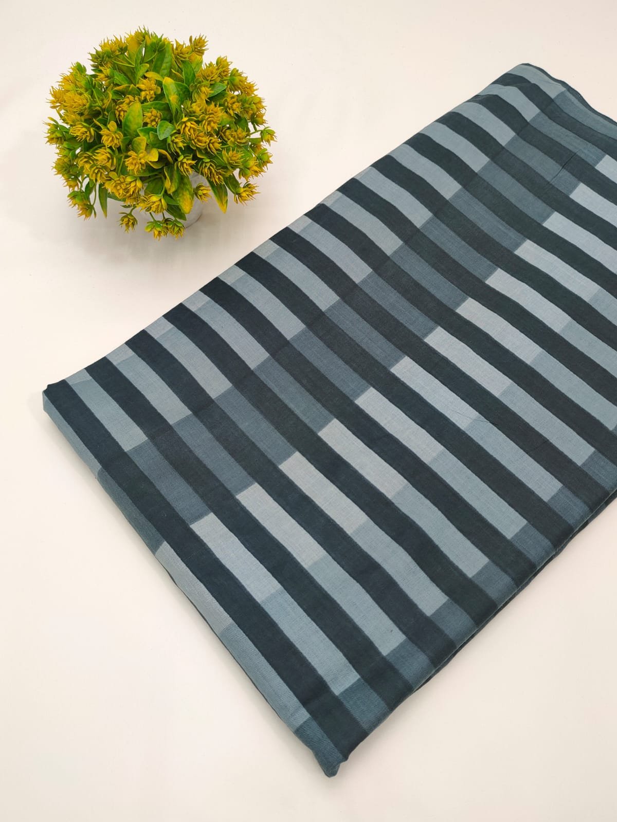 Blue grey striped screen print cotton fabric