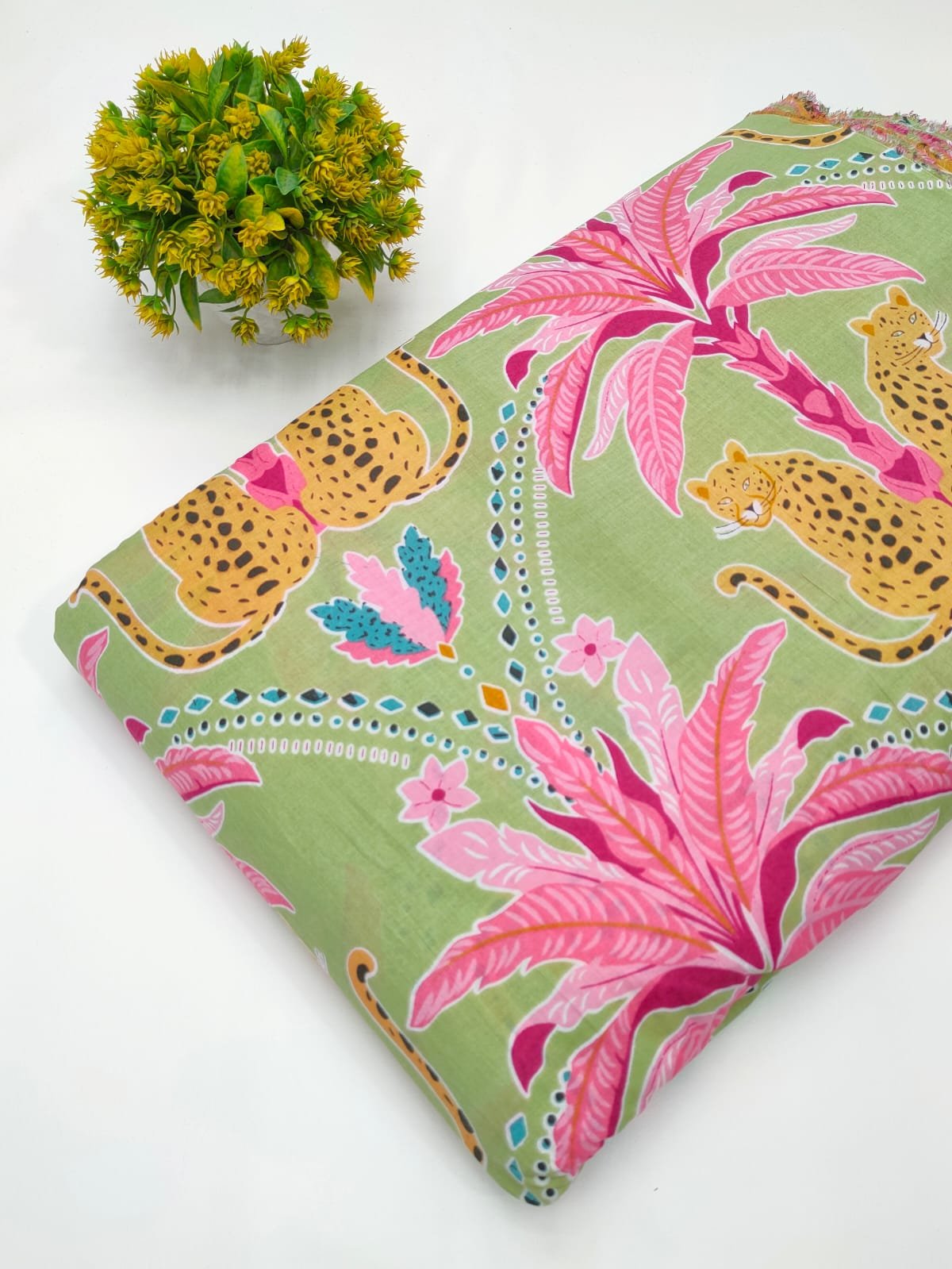 Green jungle theme screen print cotton fabric