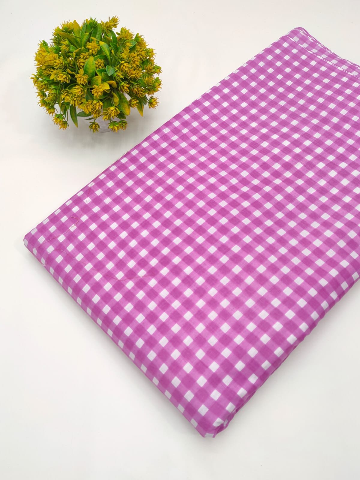 Pink checkered screen print cotton fabric India