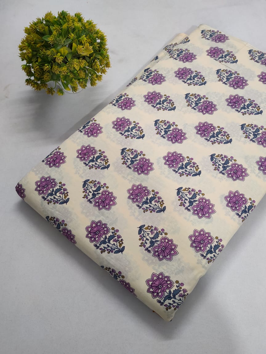 Cream Floral Screen Print Pure Cotton Fabric From Jaipur Bazar Tulsi Prints