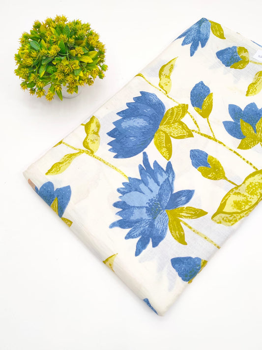 Blue and Lime Botanical Floral Screen Print Pure Cotton Fabric - JBRGFD74