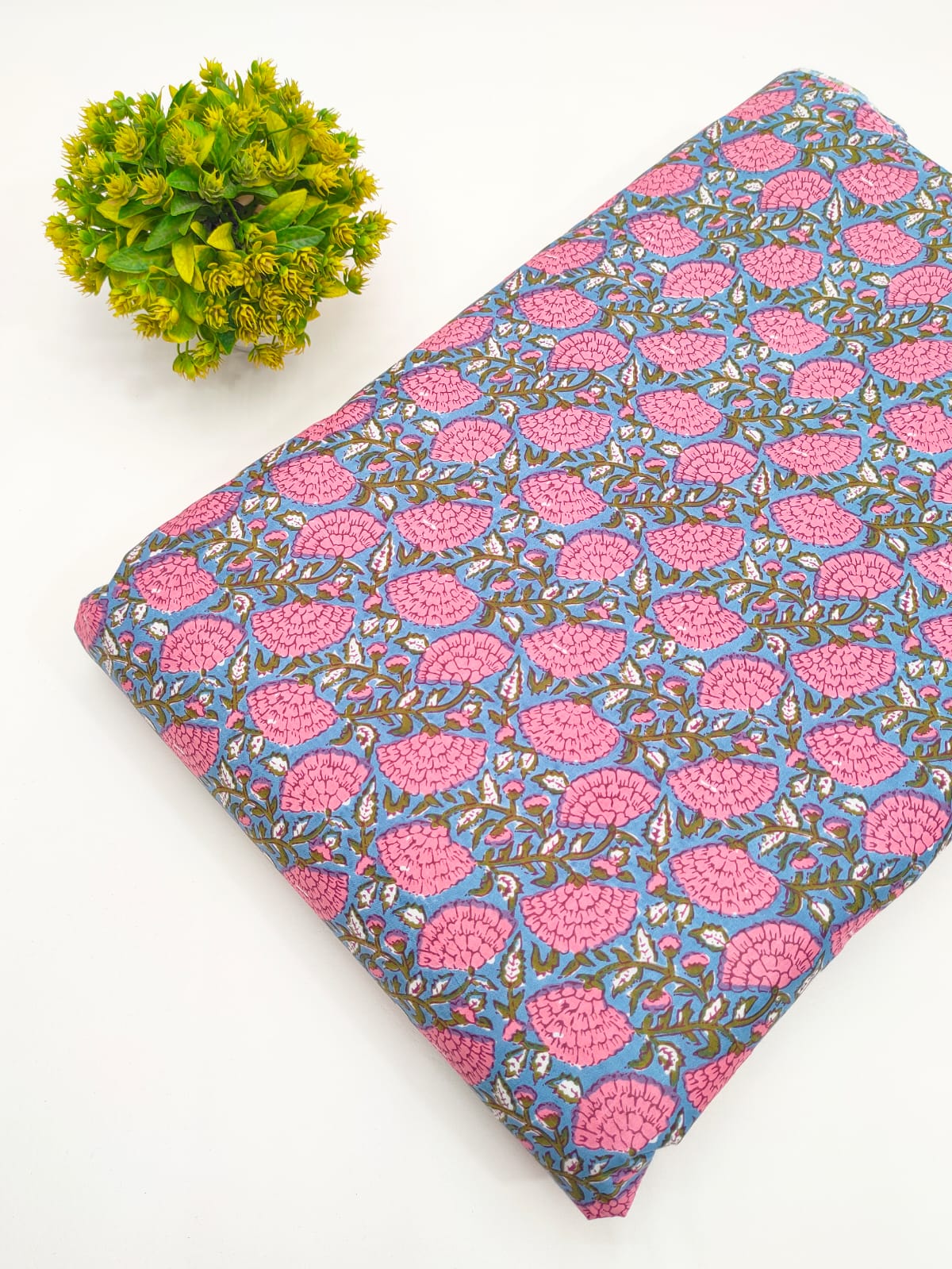 Blue and pink floral jaal screen print pure cotton fabric India