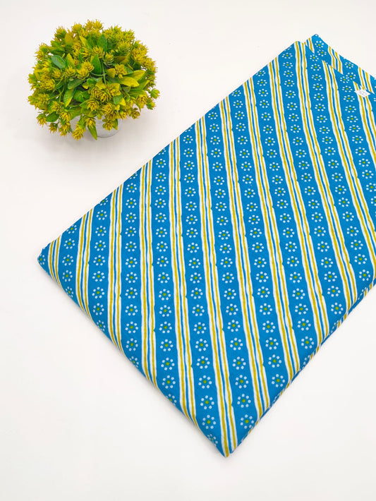 Blue Striped Floral Screen Print Pure Cotton Fabric - JBRGFD129