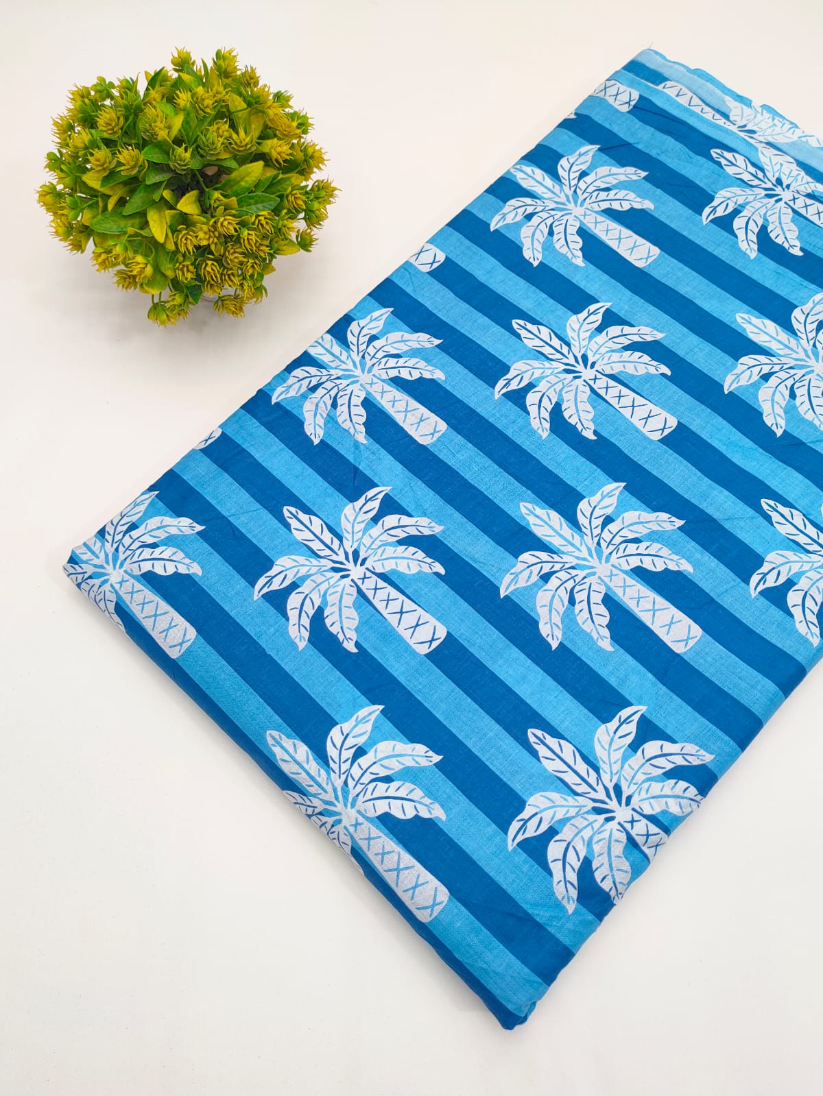 Blue striped palm tree screen print pure cotton fabric India