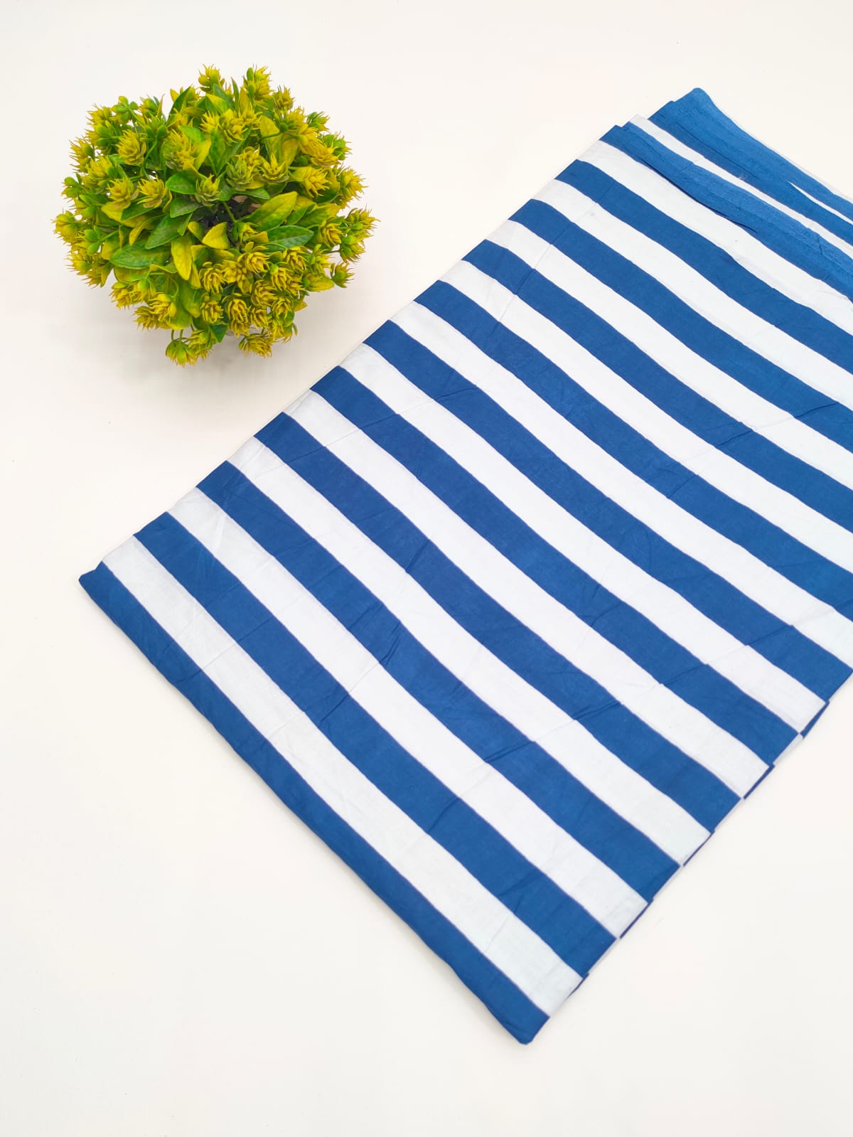 Blue and white striped screen print pure cotton fabric India