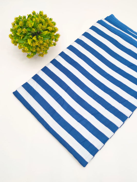 Blue and white striped screen print pure cotton fabric India
