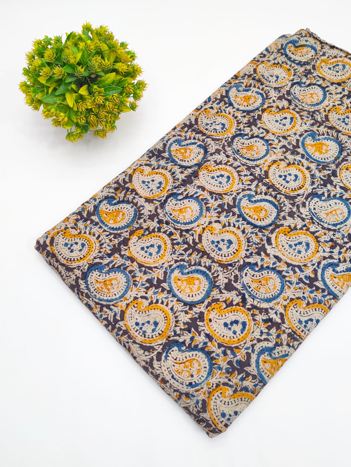 Charcoal and indigo kalka paisley Sanganeri hand block print pure cotton fabric India