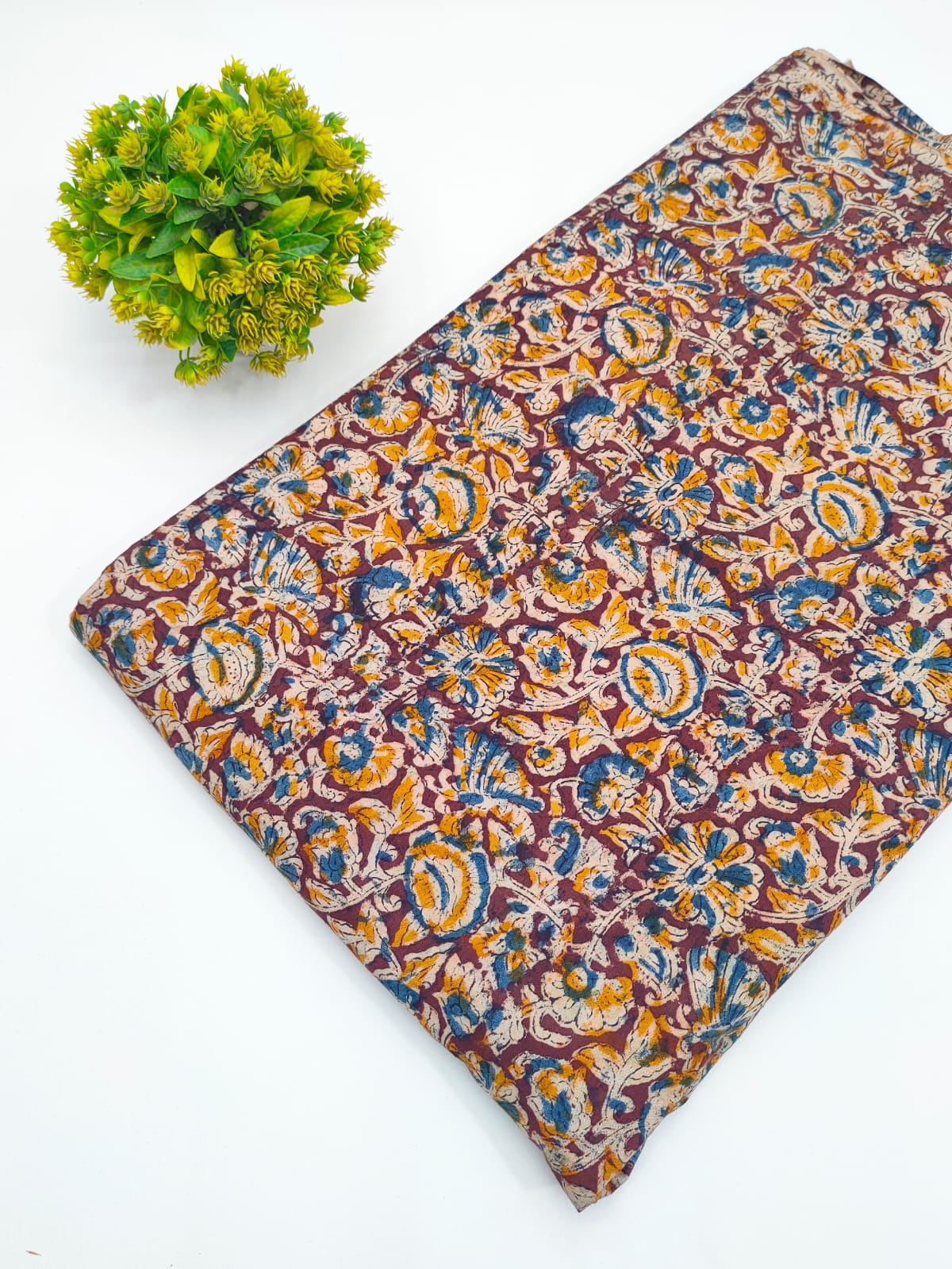 Coffee brown and mustard floral paisley jaal Sanganeri hand block print pure cotton fabric India