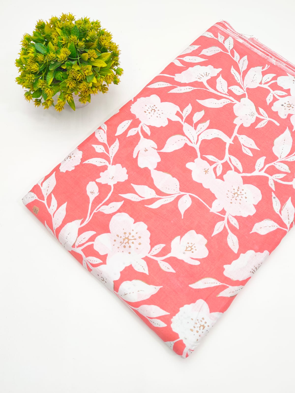 Coral Pink Botanical Floral Screen Print Pure Cotton Fabric - JBRGFD161