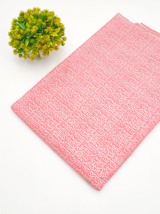 Coral Pink Geometric Stripe Screen Print Pure Cotton Fabric - JBRGFD160