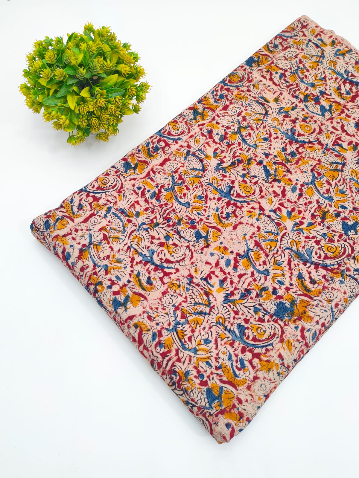 Crimson and mustard Matsya fish paisley jaal Sanganeri hand block print pure cotton fabric India