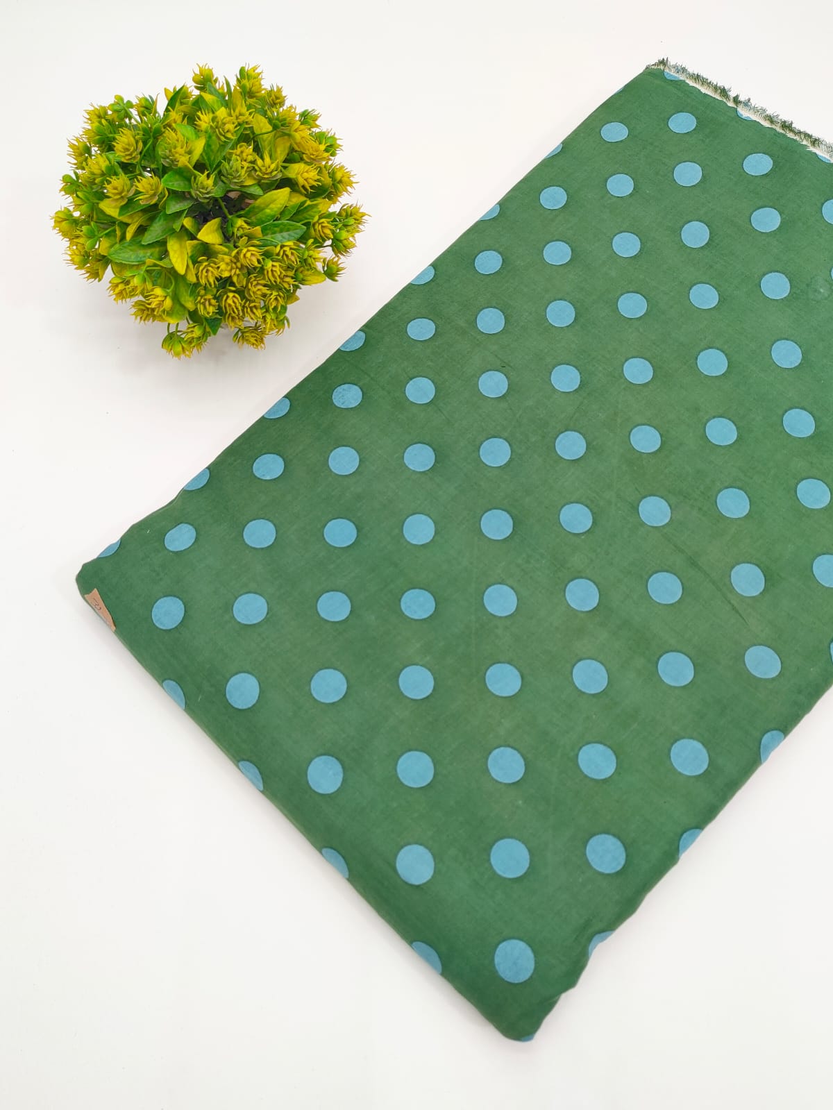 Green and blue polka dot screen print pure cotton fabric India