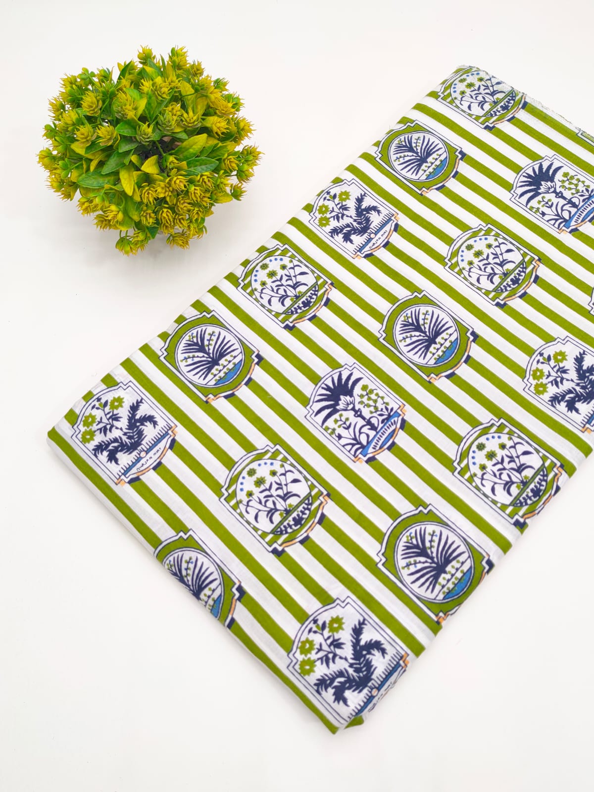 Green striped Mughal crest screen print pure cotton fabric India