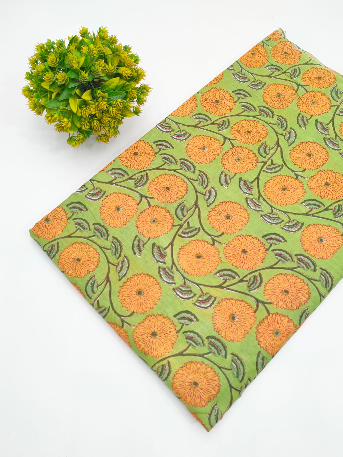 Green and yellow floral jaal screen print pure cotton fabric India