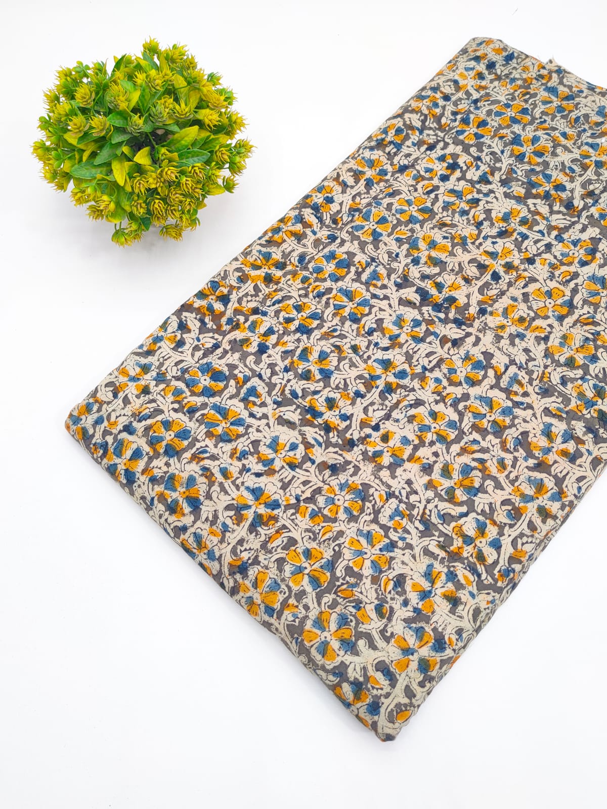Grey and mustard floral jaal Sanganeri hand block print pure cotton fabric India