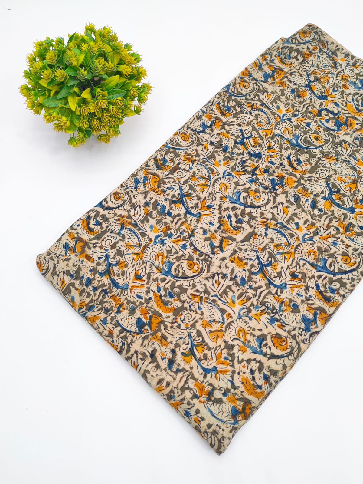 Grey and mustard Matsya fish paisley jaal Sanganeri hand block print pure cotton fabric India