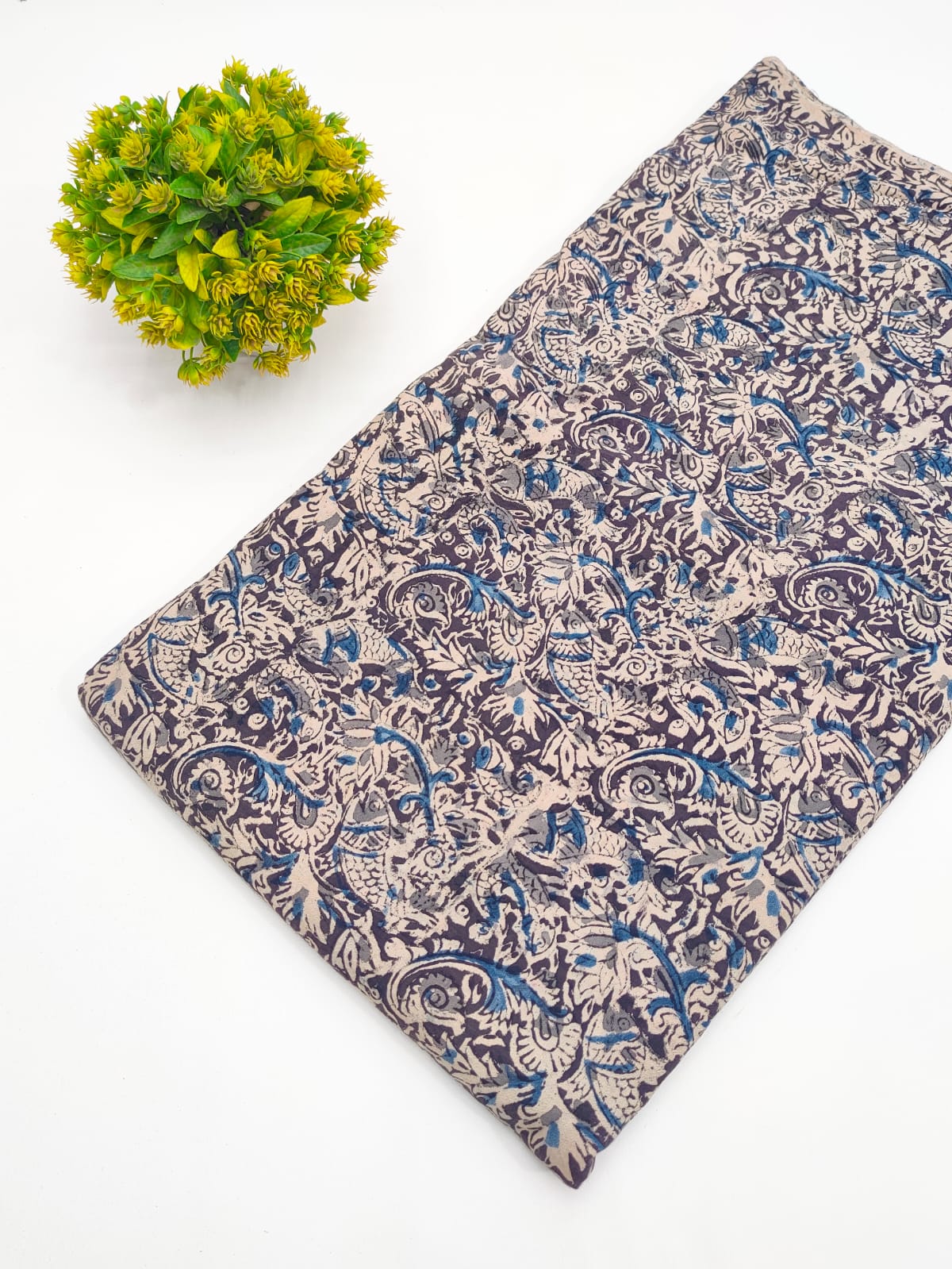 Indigo and charcoal Matsya fish paisley jaal Sanganeri hand block print pure cotton fabric India