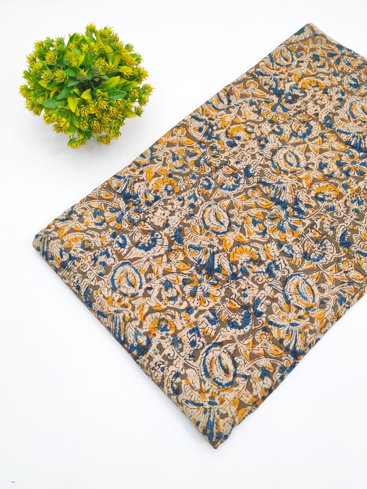 Khaki olive and mustard floral paisley jaal Sanganeri hand block print pure cotton fabric India