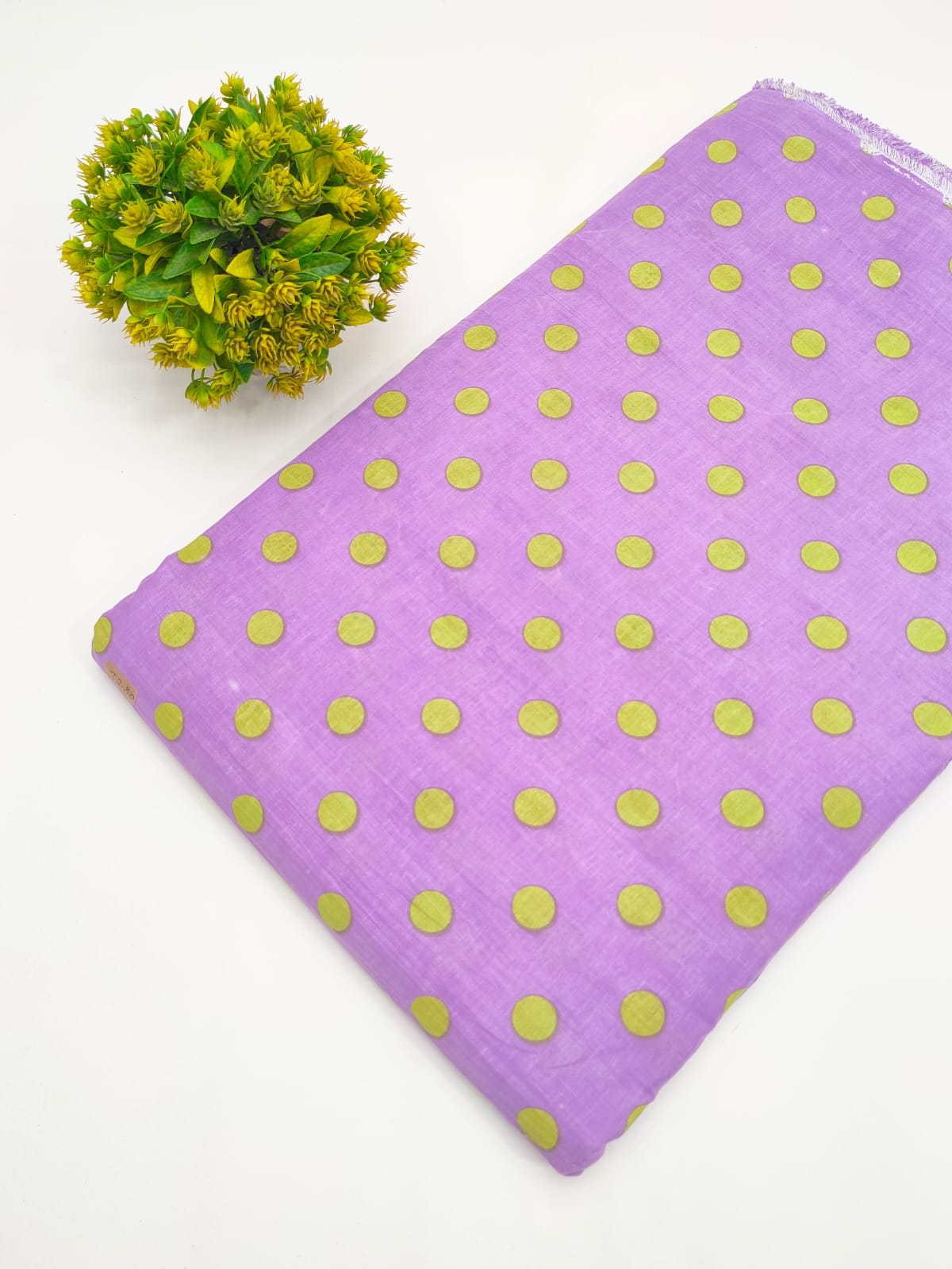 Lavender and green polka dot screen print pure cotton fabric India