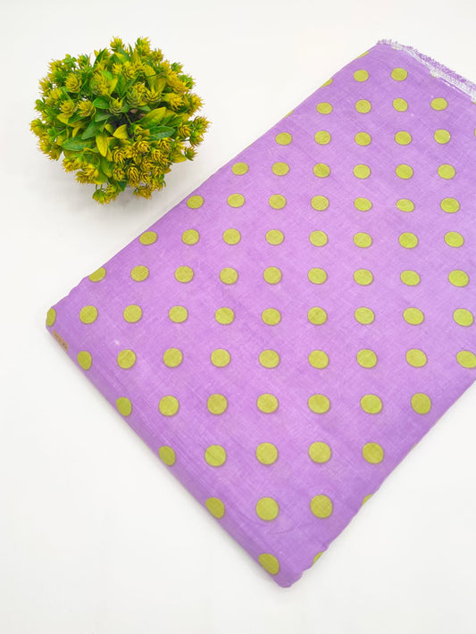 Lavender and green polka dot screen print pure cotton fabric India