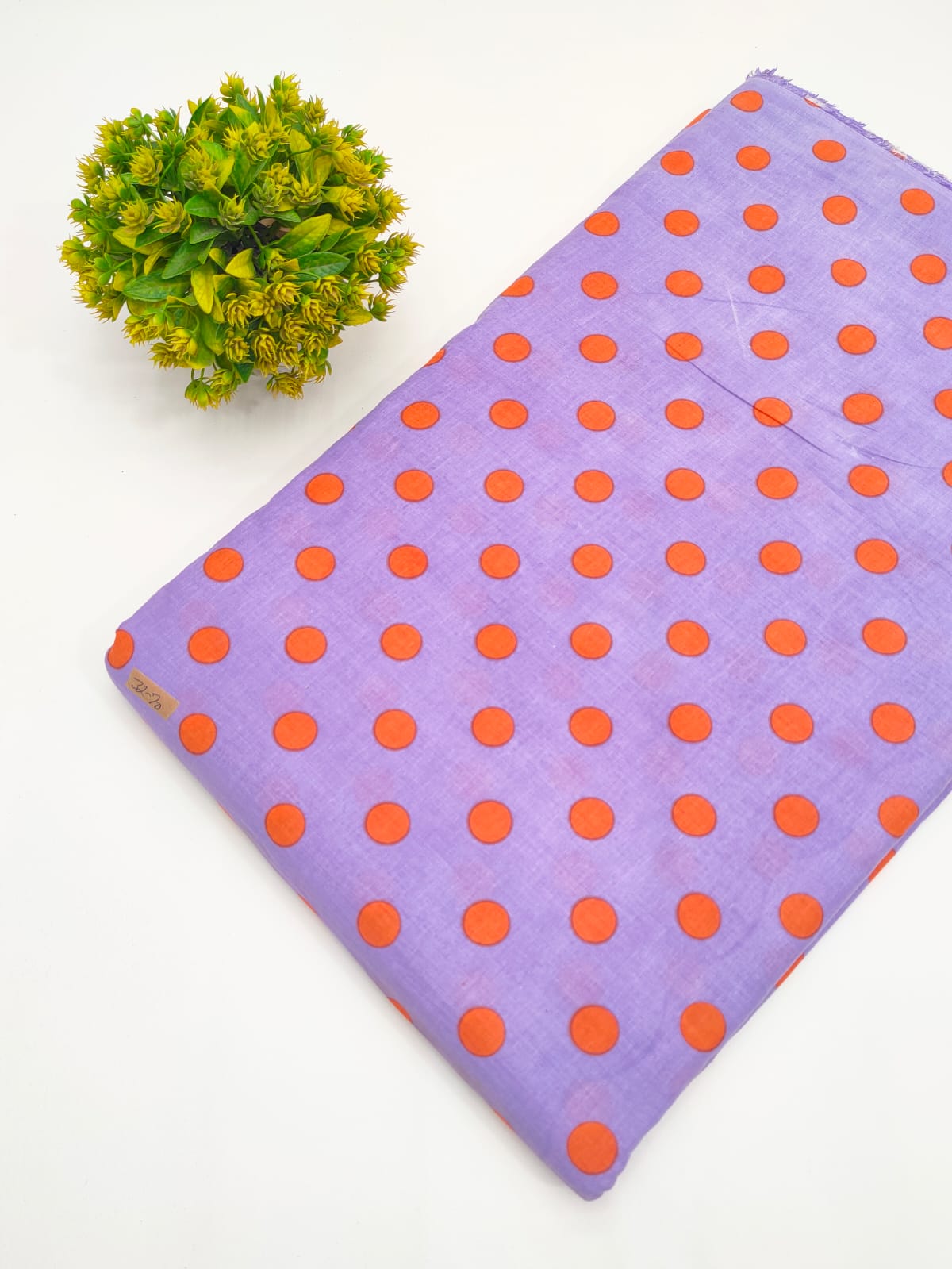 Lavender and orange polka dot screen print pure cotton fabric India