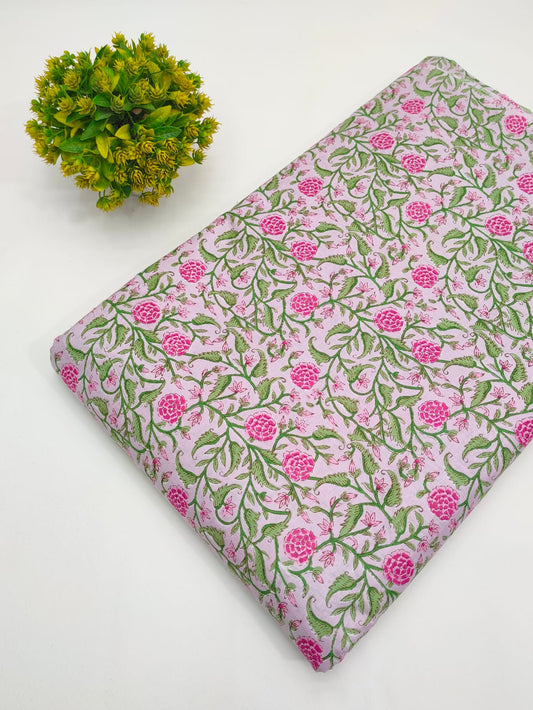 Lilac pink floral vine screen print pure cotton fabric India